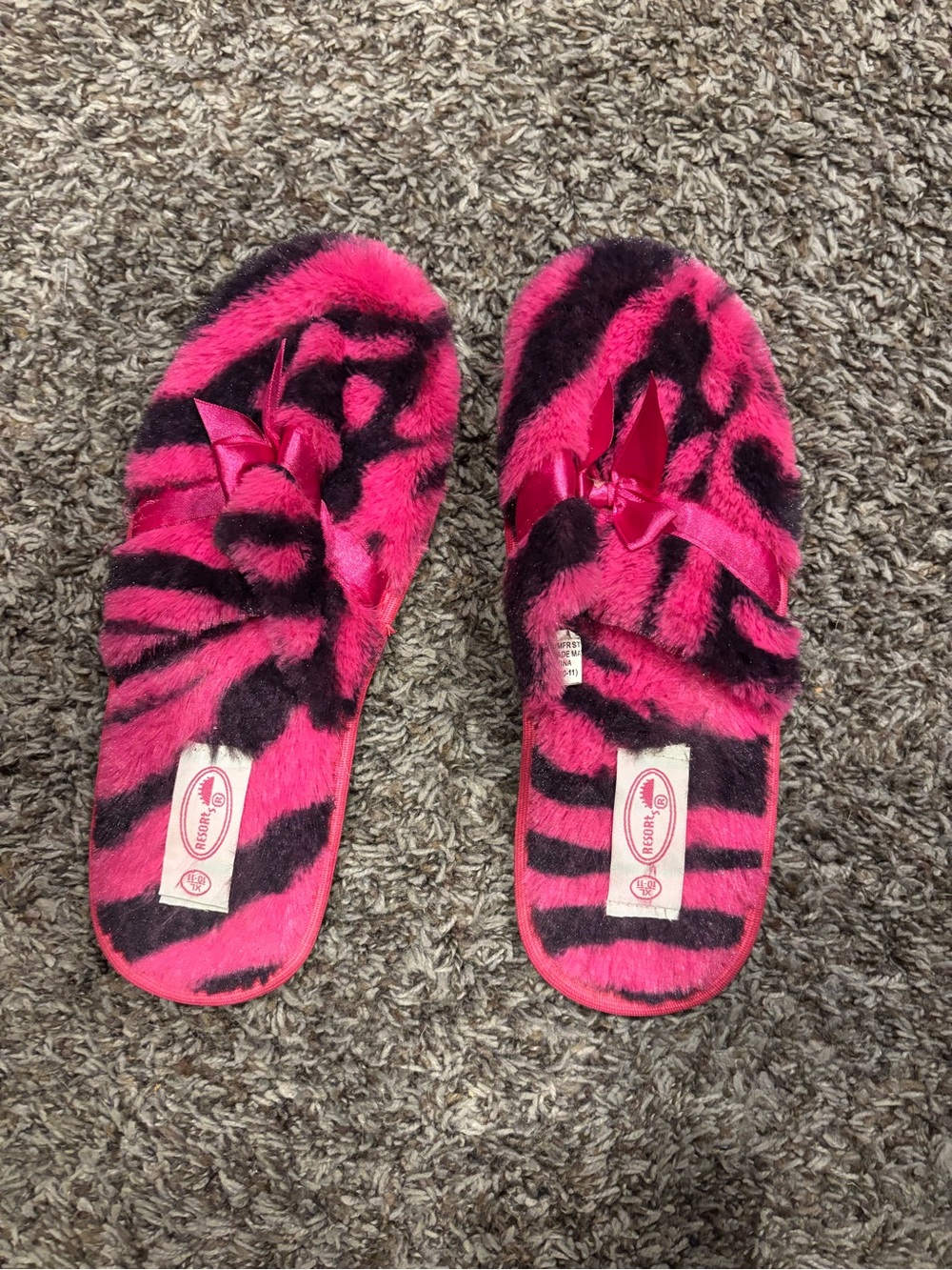 Fuzzy Hot Pink & Black Zebra Slide Slippers with Bow